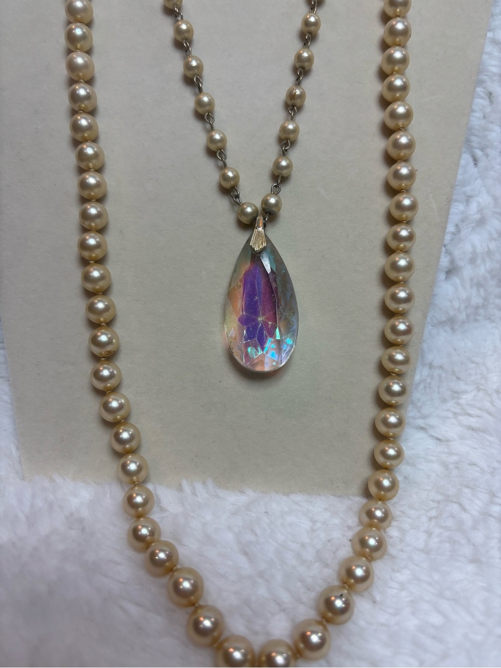 Champagne pearl necklace set incl teardrop Aurora Borealis crystal pendant - Picture 2 of 4